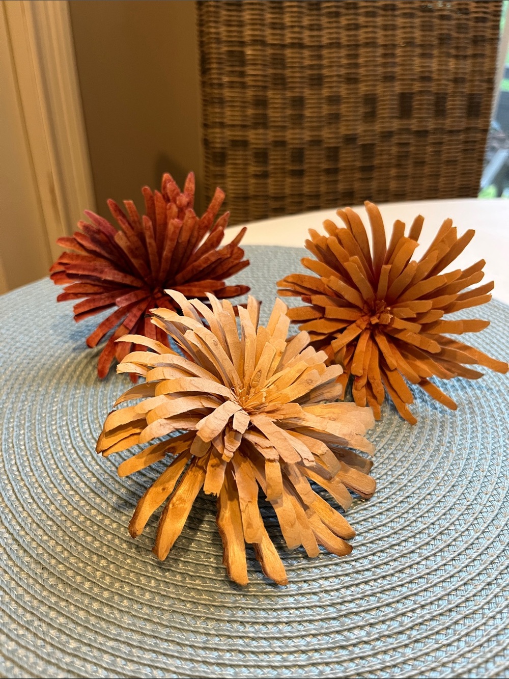 3 Handcrafted Decorative Wood Flower Set - Orange, Rust & Natural